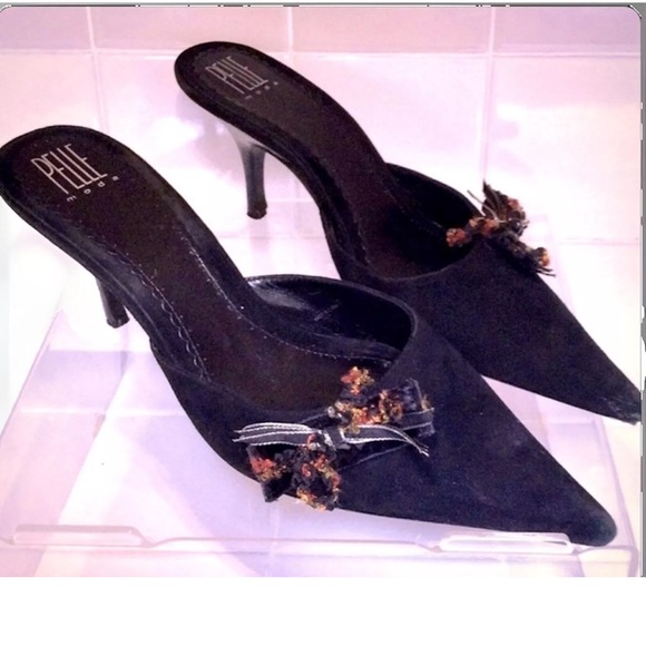 🖤PELLE MODA🖤 SUEDE POINTED SIDE BOW 3.5“ HEELS SLIDE-ON MULE SHOES EUC❣️ - Picture 4 of 12